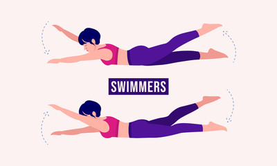Girl doing Swimmers exercise, Woman workout fitness, aerobic and exercises. Vector Illustration.