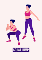 Fototapeta na wymiar Girl doing Squat Jump exercise, Woman workout fitness, aerobic and exercises. Vector Illustration.
