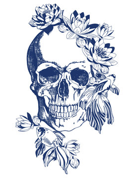 Blue skull with goldfish and flowers vintage style illustration