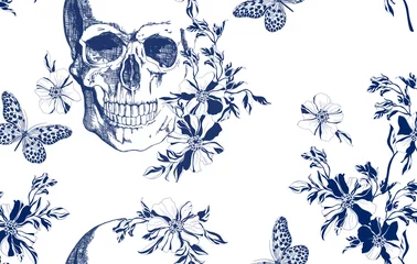 Crédence de cuisine en verre imprimé Crâne humain en fleurs Crâne bleu vintage avec motif sans couture de fleurs et de papillons