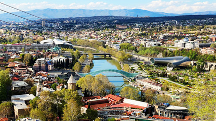 TBILISI, GEORGIA  APRIL 19, 2020:  Beautiful aerial view of the old part of city   in Tbilisi,...