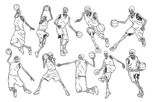 Set of illustrations of ten different isolated basketball skeletons.
