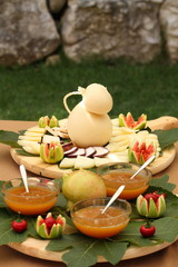 still life with fruits, vegetables and marmalade