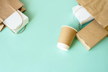 Delivery food background. Fast food eco packaging on light background