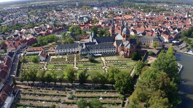 Aerial view; Flight at Convent garden with St. Marcellinus and Petrus basilica, former Benedictine abbey Seligenstadt, Hesse, Germany,