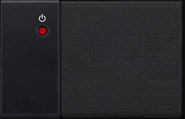 Front panel of radio equipment with power button and metal mesh protection of audio speaker