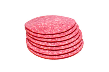 Tasty salami slices isolated on white