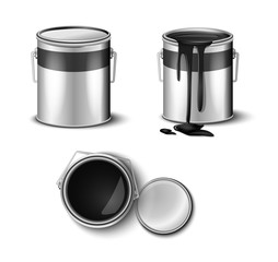 set of paint can black color top and side view. packaging mockup template 
