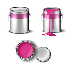 set of paint can pink color  top and side view. packaging mockup template 
