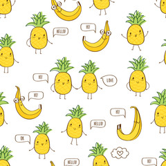 Cool seamless pattern with hand drawn cute bananas and pineapples for fashion, wallpapers, print, textile, gift wrap and scrapbook. Vector illustration.