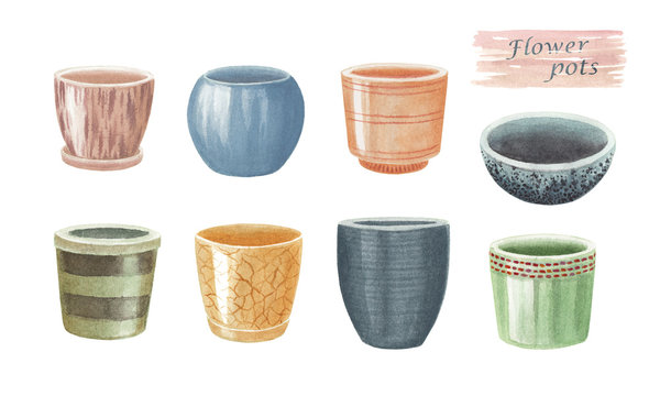 Watercolor hand drawn set of flower pots. Isolated elements for your desin of   house plants.  Collection of cearamic  pots on white background.