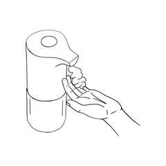 Male hand use modern automatic soap foam dispenser close up. Personal hygiene product prevention from virus bacteria. Vector template isolated flat doodle realistic black outline white background icon