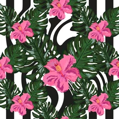  Print summer exotic jungle plant tropical palm leaves and flower red hibiscus. Pattern, seamless floral © MichiruKayo