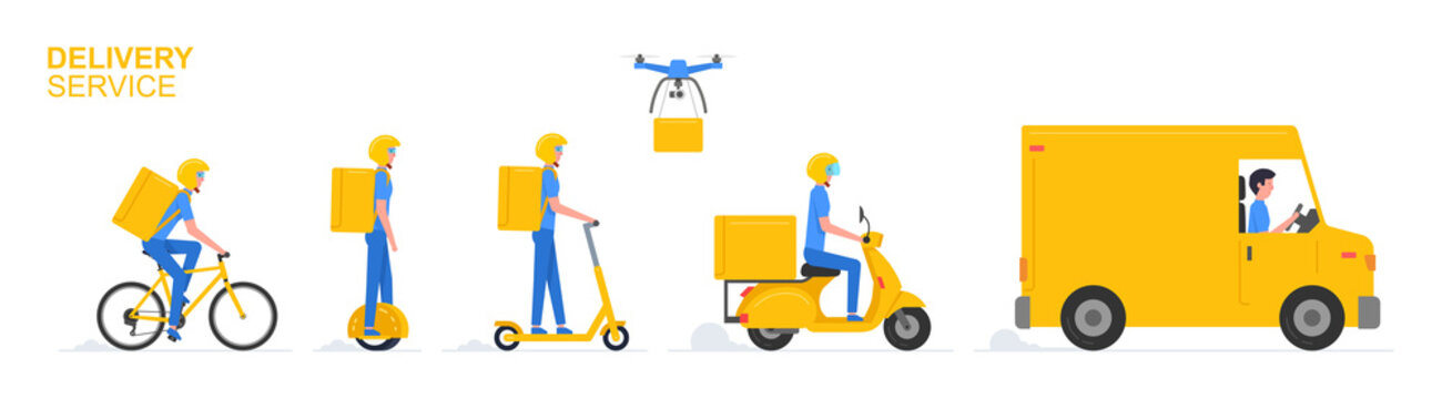 Online delivery service. Truck, electric scooter, gyroboard, scooter and bicycle courier. Delivery service concept. Flat Style