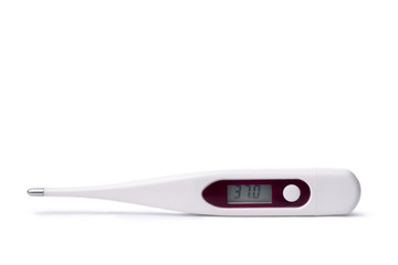 white digital thermometer on white background. nurse or doctor use thermometer for measurement patient's temperature. 37 celsius is mean fever