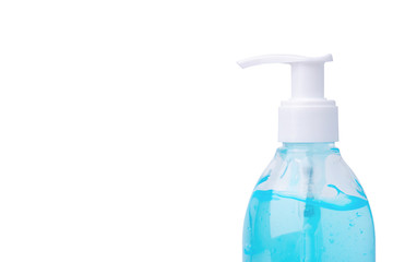 blue ethyl alcohol water gel in pump bottle on white background with clipping path. ethyl alcohol sanitizer for washing hand. sanitizer for antivirus and antibacterial