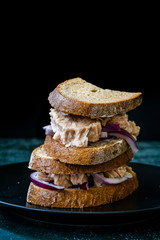Tuna Fish Sandwich with Red Onions, Mayonnaise and Multigrain Light Toast Bread.