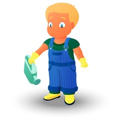 Boy in a denim overall holding a watering can