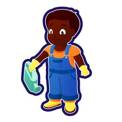 Smiling boy in a denim overall holds watering can