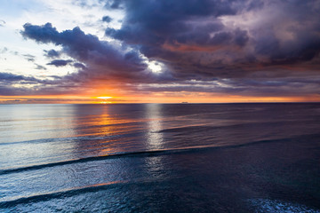 Aerial view: Sunset on the coast of Flic en Flac, Mauritius, Africa