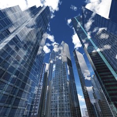 Skyscrapers against the sky with clouds. Skyscrapers view from below. Skyscrapers under a harsh sky. 3d rendering.