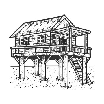 wooden stilt house above the water sketch engraving vector illustration. T-shirt apparel print design. Scratch board imitation. Black and white hand drawn image.