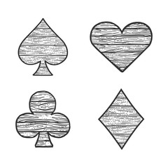 Wooden card suits set diamonds heart clubs spades sketch engraving vector illustration. T-shirt apparel print design. Scratch board imitation. Black and white hand drawn image.
