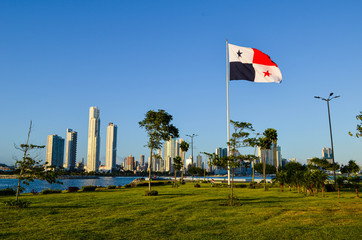 La bandera de Panamá izada en el mástil, ondeando en el viento, en un espacio abierto cubierto de hierba, detrás del Océano Pacífico y la vista de los altos edificios de la ciudad.