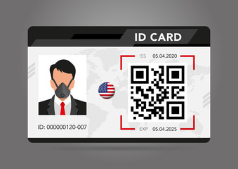 Modern ID card. Photo of a man in a protective mask, a respirator, personal protective equipment. electronic chip ID, national ID. Vector illustration