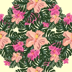 Selbstklebende Fototapeten Exotic seamless pattern with tropical leaves and flowers on a black background. Striped background. © MichiruKayo