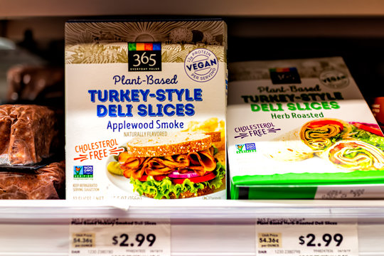 Reston, USA - April 27, 2020: Virginia Whole Foods Amazon Grocery Store Shop Interior Shelf Packaged Retail Display Of Vegan Plant-based Natural Health Food Turkey Meat Substitute Slices