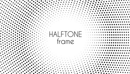 Halftone dotted round frame. Circle dots vector abstract background. Black and white minimal pattern