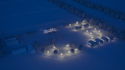 Farm concept with buildings, parking for cars, children's playground. 3D rendering.