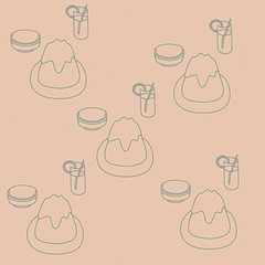 seamless pattern with tea cup, glass with a drink and muffin