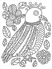 Bird and flowers coloring book page. Tropical wild animal with blossom flower and leaves. Heaven tropical bird coloring stock vector illustration. Detailed elegance fauna illustration. One of a series