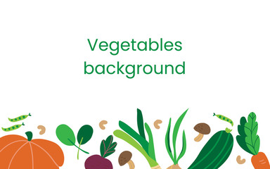 Fresh vegetables background with space for text. Template for menu design, postcards, invitations. Vegetables on a white background. Flat vector illustration