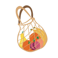 Fototapeta na wymiar shopping bag with fruits. Mesh eco bag full of fruit isolated on white background. Modern shopper with fresh organic food from local market. Vector illustration in flat cartoon style.