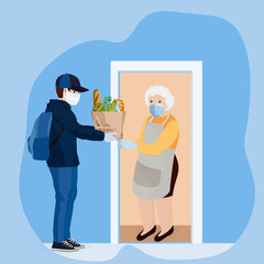 Young man, courier or volunteer in a medical mask and medical gloves brought food to an elderly woman. Volunteer social worker delivers grocery to old woman. Vector illustration.