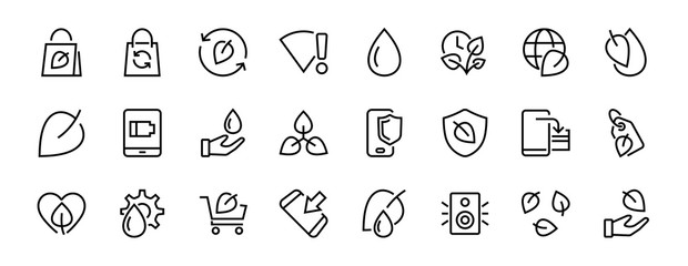 Ecology Icon Set, Vector lines, contains icons such as photosynthesis, Enviroment protection, Eco-friendly package, growth time, Editable stroke, perfect 48x48 pixels, White background