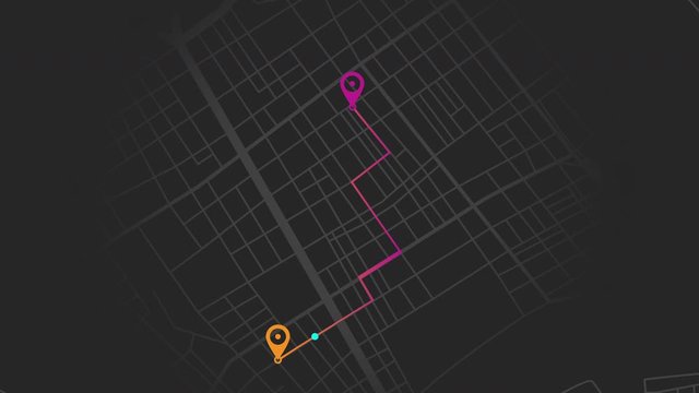 GPS delivery mark moves from point A to point B on the city map. Animation of motion graphics navigation on a black background