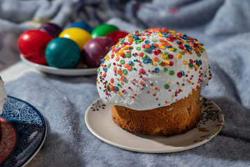 still life of baking (Easter cake) for Easter (paskha) on a blue cloth