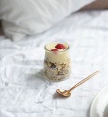 Useful breakfast in bed, cereals and berries