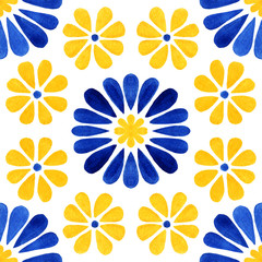 Azulejos tile. Traditional watercolour Portuguese Mosaic tile decoration. Watercolor blue and yellow flowers artwork. Antique ceramics tileable, heritage. Old painted panel with floral pattern - obrazy, fototapety, plakaty