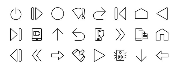 Set of line arrows, directions, arrows, contains icons such as pause, continuation, directly, to the right, Editable stroke. 480x480, On a white background, Vector illustration