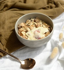 Useful breakfast in bed, cereals and berries