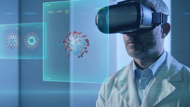 doctor physician with augmented reality vr glasses looking at coronavirus covid 19 3d virtual graphic charts of human body in high tech laboratory
