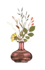 Watercolor flowers - bouquet - in vase. Boho style, soft and bright colors. Real dry flowers - herbarium.