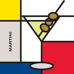 Cocktail glass with Martini cocktail. Modern style art with rectangular colour blocks. Cocktail with olive fruit. Piet Mondrian style pattern.