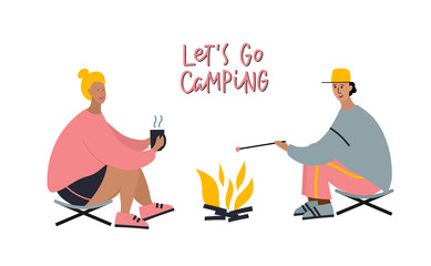Fototapeta premium Young couple around the campfire flat vector card