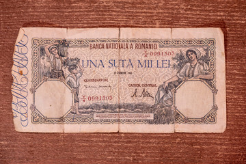 An old banknote from 1946 from Romania worth one hundred thousand lei